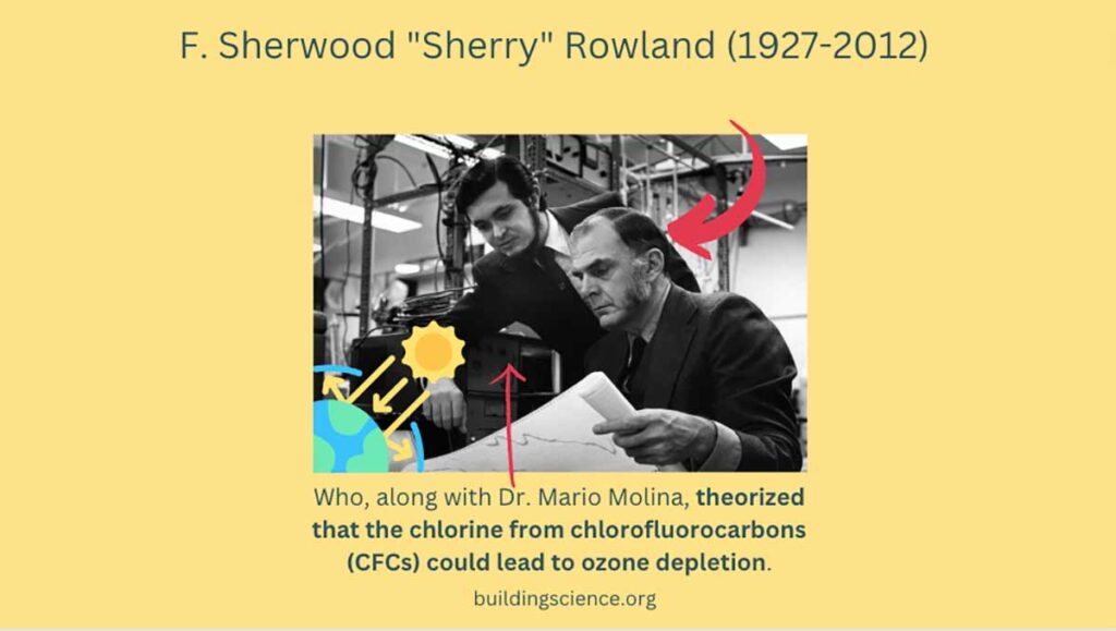 F. Sherwood "Sherry" Rowland (1927-2012) Who, along with Dr. Mario Molina, theorized that the chlorine from chlorofluorocarbons (CFCs) could lead to ozone depletion.